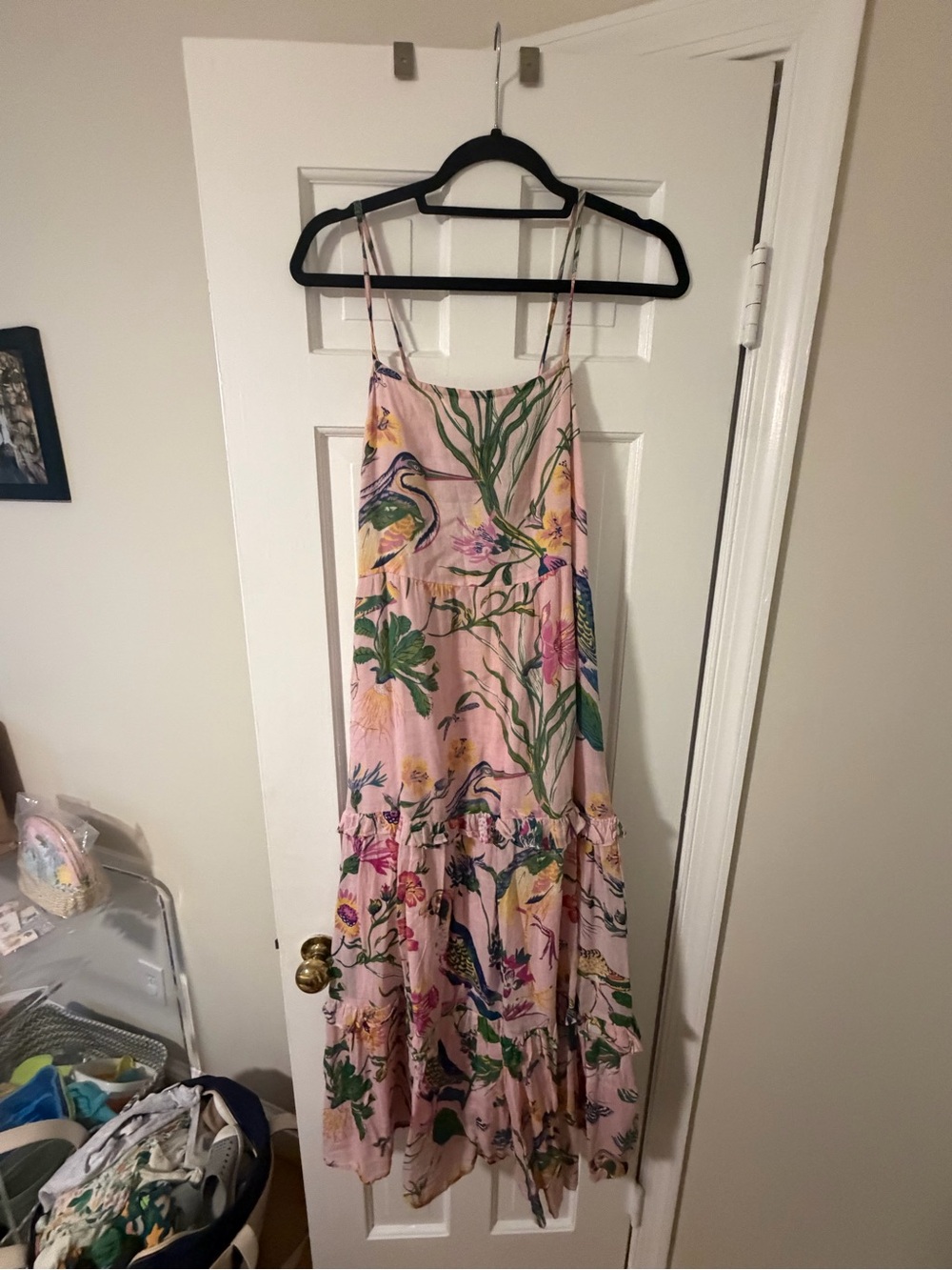 Banjanin Small Pink Tiered Maxi Dress with Botanical Print